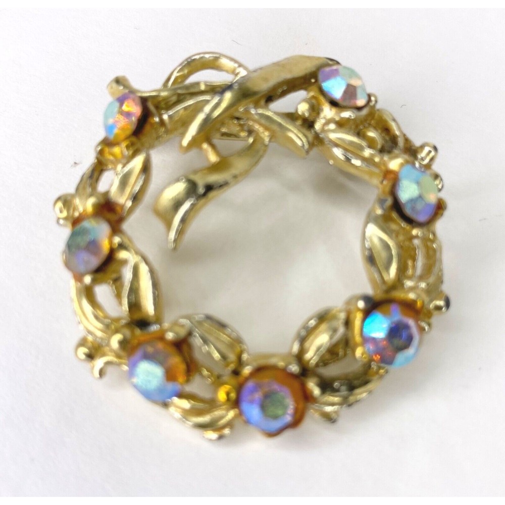 1960 Gold Tone Aurora Vintage Brooch Rhinestones, Circle - Picture 6 of 10